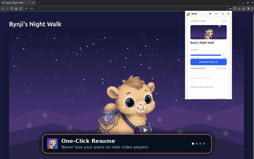 Bynji in action: One-Click Resume, organized private Library, playback Trail, and on-device Insights